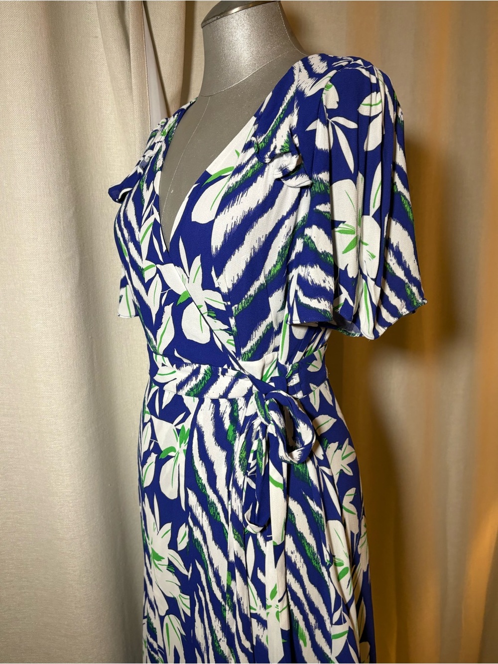 French Connection Cobalt Blue Floral Tropical Wrap Maxi Dress cape sleeves XS - Picture 11 of 14